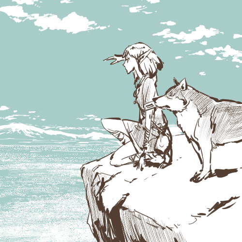 1girl cliff clouds cloudy_sky commentary_request crosshatching day elf from_side hand_up horizon limited_palette looking_afar lowres medium_hair nature original outdoors pointy_ears profile shading_eyes short_sleeves sky squatting