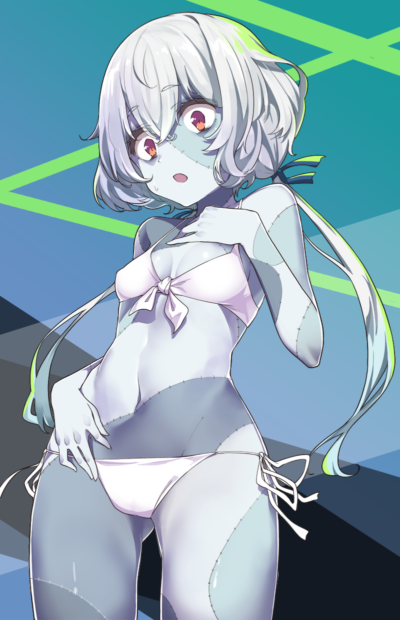 1girl ass_visible_through_thighs bikini blush breasts commentary_request cowboy_shot eyebrows_visible_through_hair from_below front-tie_bikini front-tie_top grey_skin hand_on_own_chest highres konno_junko konnyaku_(kk-monmon) long_hair low_twintails multicolored multicolored_skin open_mouth red_eyes side-tie_bikini silver_hair small_breasts solo stitches sweatdrop swimsuit twintails white_bikini zombie zombieland_saga