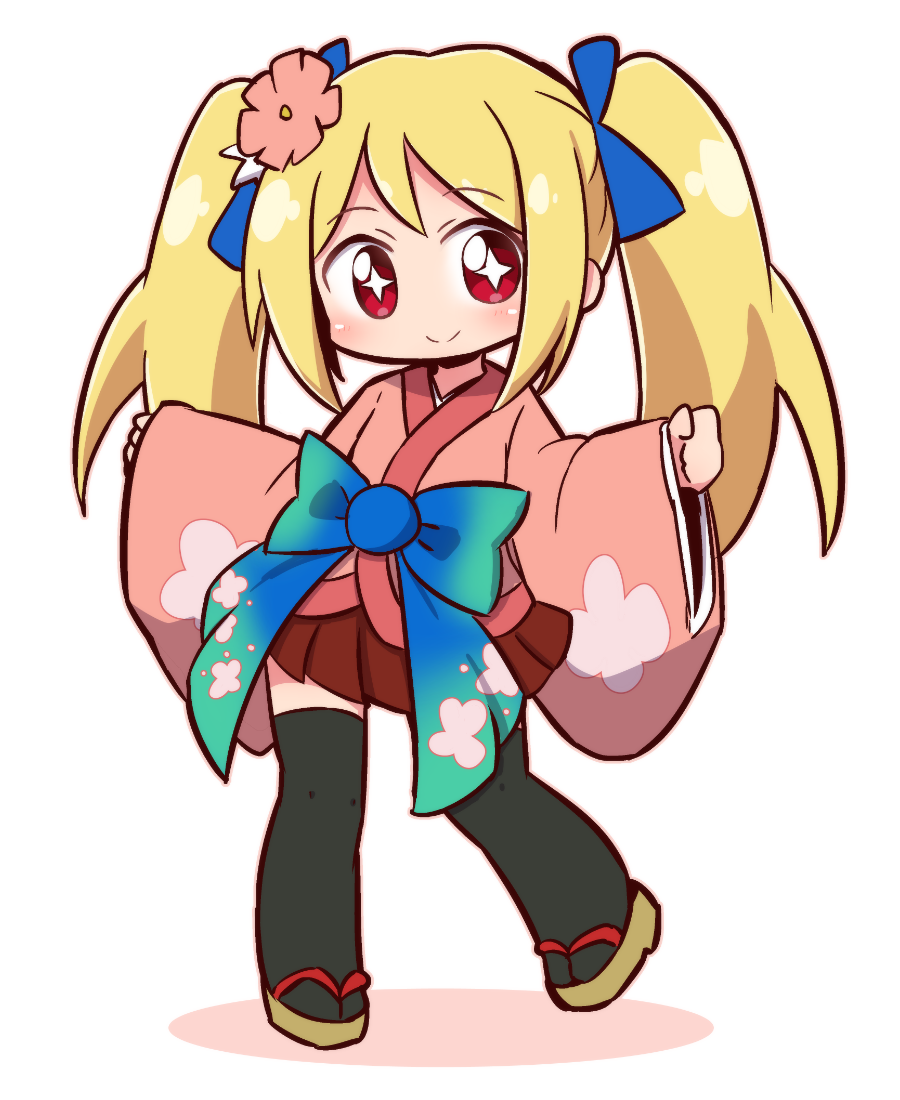 +_+ 1girl bangs black_legwear blonde_hair blue_bow blush bow brown_footwear chibi closed_mouth commentary_request eyebrows_visible_through_hair flower full_body hair_bow hair_flower hair_ornament hands_up head_tilt japanese_clothes kimono long_hair long_sleeves naga_u pink_flower pink_kimono red_eyes red_skirt shadow short_kimono sidelocks skirt sleeves_past_wrists smile solo standing standing_on_one_leg suzume_(tanken_driland) tanken_driland thigh-highs twintails white_background wide_sleeves zouri
