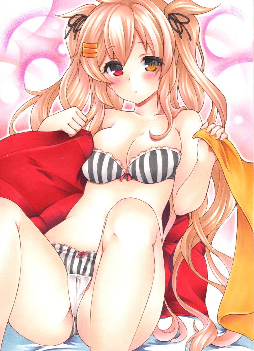1girl bangs bare_arms bare_shoulders black_ribbon blonde_hair blush bra breasts cleavage eyebrows_visible_through_hair eyes_visible_through_hair hair_ribbon heterochromia highres kantai_collection long_hair looking_at_viewer marker_(medium) medium_breasts murasame_(kantai_collection) orange_eyes panties red_eyes remodel_(kantai_collection) ribbon solo striped traditional_media twintails underwear vertical-striped_bra vertical-striped_panties vertical_stripes very_long_hair yoruoujito-tsukinohime