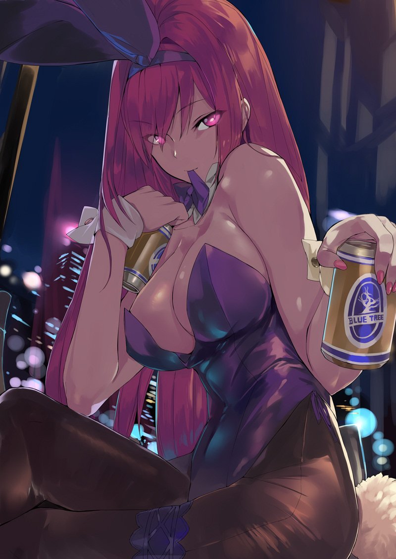 1girl animal_ears bare_shoulders beer_can black_legwear bow bowtie breasts building bunnysuit can cleavage detached_collar fate/grand_order fate_(series) feet_out_of_frame large_breasts leotard long_hair looking_at_viewer mouth_hold night ohland pantyhose purple_hair purple_leotard purple_neckwear rabbit_ears red_eyes scathach_(fate)_(all) scathach_(fate/grand_order) sitting solo strapless strapless_leotard wrist_cuffs