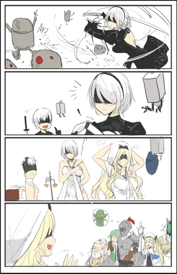 ! 4koma black_hairband blindfold blonde_hair comic dressing dwarf_(goblin_slayer) goblin_slayer goblin_slayer! hairband high_elf_archer_(goblin_slayer!) katana kuroduki_(pieat) lizard_priest(goblin_slayer) long_hair nier_(series) nier_automata pod_(nier_automata) priestess_(goblin_slayer!) short_hair silver_hair sword sword_maiden undressing watch watch weapon white_background yorha_no._2_type_b yorha_no._9_type_s