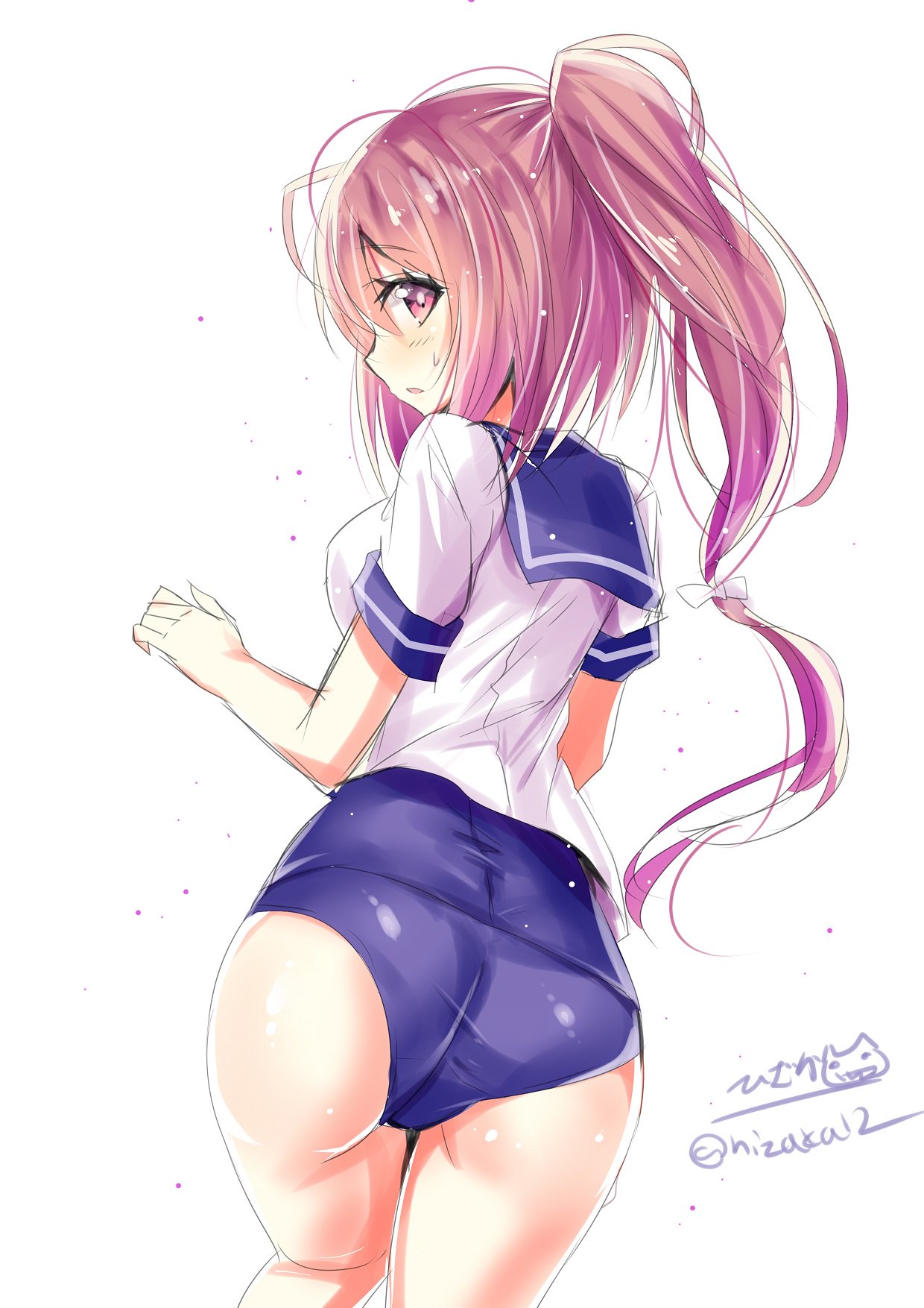 1girl ass blush breasts closed_mouth eyebrows_visible_through_hair hair_between_eyes hair_ribbon highres hizaka i-168_(kantai_collection) kantai_collection large_breasts long_hair looking_at_viewer pink_eyes pink_hair ponytail ribbon school_swimsuit school_uniform serafuku side_ponytail simple_background solo swimsuit swimsuit_under_clothes white_background