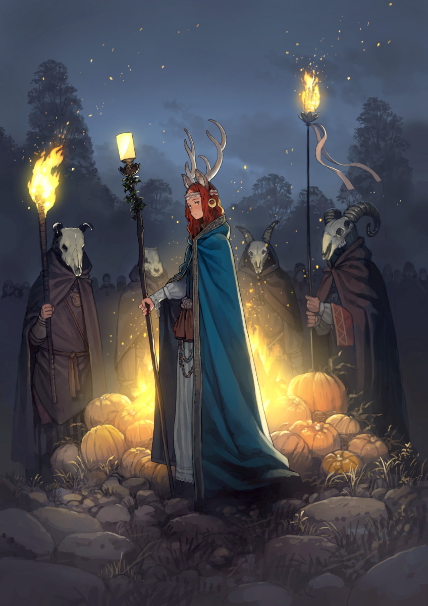 1girl 4others antlers cape closed_mouth expressionless highres holding holding_staff long_sleeves looking_at_viewer multiple_others night original outdoors pumpkin redhead scenery staff standing torch yoshida_seiji
