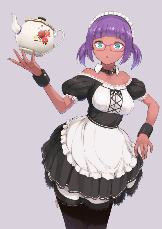 1girl :o alternate_costume aqua_eyes bangs bare_shoulders blunt_bangs breasts choker commentary cowboy_shot dark_skin detached_collar dress glasses maeda_risou maid maid_headdress medium_breasts menat off_shoulder open_mouth puffy_short_sleeves puffy_sleeves short_hair short_sleeves short_twintails solo street_fighter teapot thigh-highs twintails wrist_cuffs