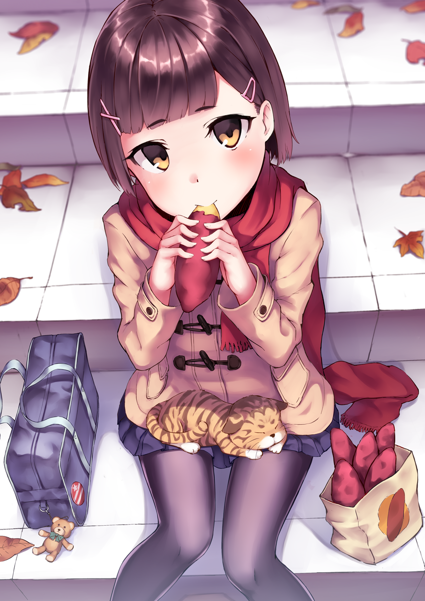 1girl animal animal_on_lap autumn_leaves bag bag_charm black_legwear blue_skirt brown_eyes brown_hair brown_jacket cat charm_(object) closed_mouth commentary_request eating fingernails food fringe_trim hair_ornament hairclip head_tilt highres holding holding_food jacket long_sleeves original pantyhose paper_bag pleated_skirt red_scarf ryuinu scarf school_bag sitting sitting_on_stairs skirt solo stairs stone_stairs stuffed_animal stuffed_toy sweet_potato teddy_bear yakiimo