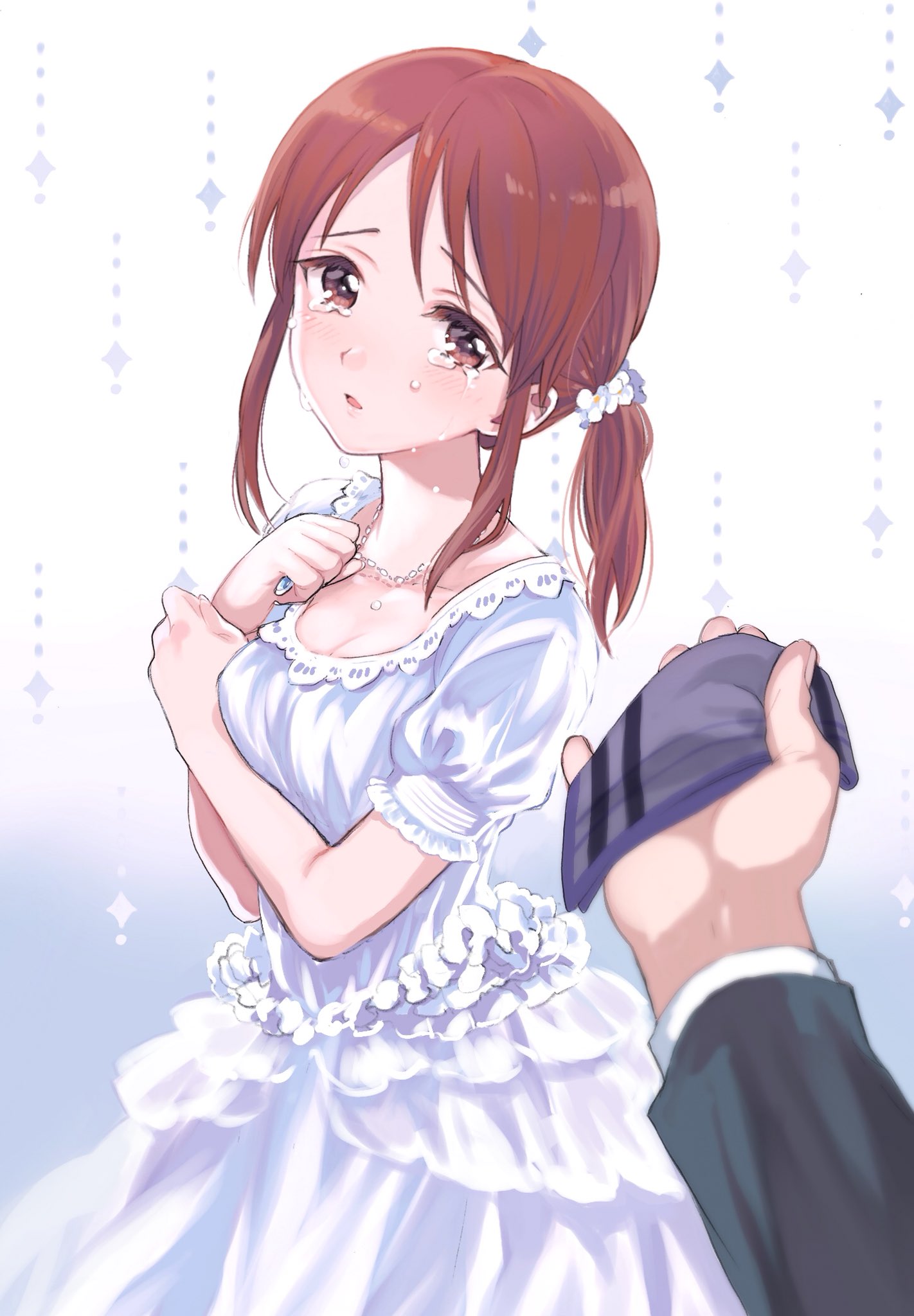 1girl amezawa_koma blush breasts brown_eyes brown_hair cleavage commentary_request crying crying_with_eyes_open dress eyebrows_visible_through_hair hair_tie handkerchief highres holding_necklace idolmaster idolmaster_cinderella_girls jewelry long_hair looking_at_viewer medium_breasts mifune_miyu necklace out_of_frame parted_lips ponytail pov pov_hands short_sleeves solo_focus tears two-tone_background white_dress