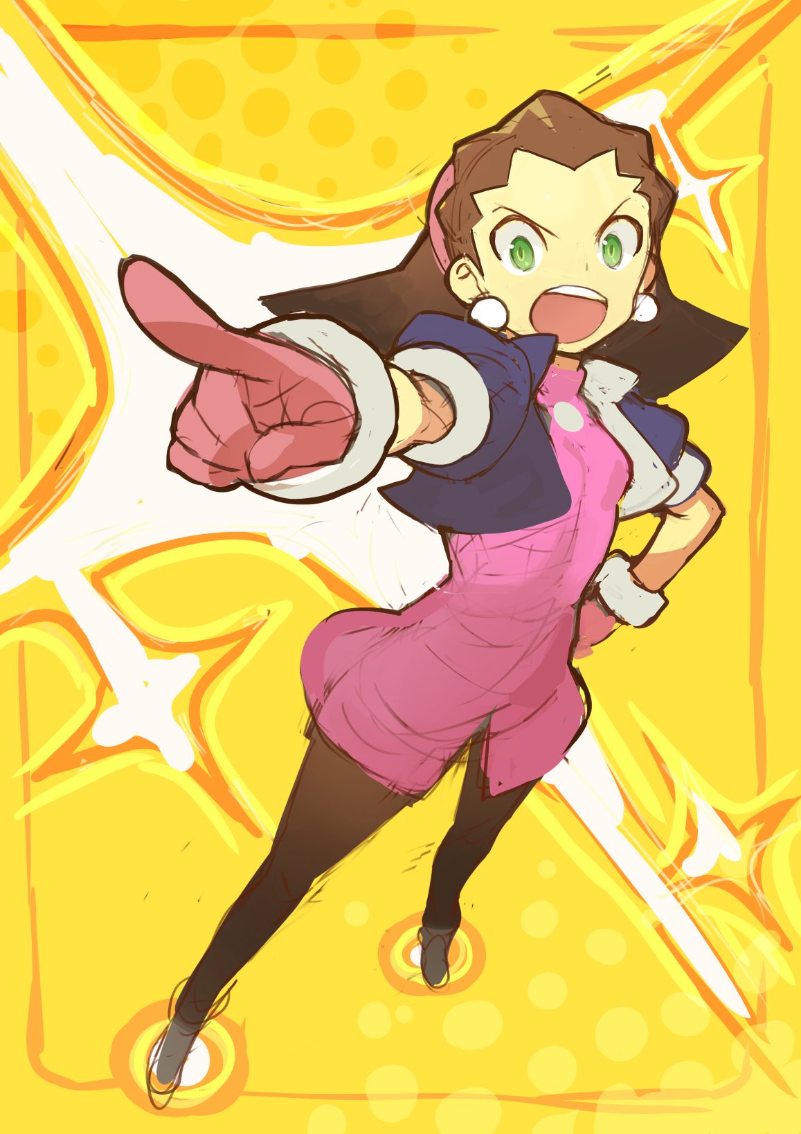 1girl breasts brown_hair cropped_jacket earrings full_body gloves green_eyes hair_pulled_back hairband hand_on_hip highres jewelry kin_niku legs_apart open_mouth pantyhose pink_gloves pink_hairband pointing puffy_short_sleeves puffy_sleeves rockman rockman_dash short_sleeves small_breasts solo tron_bonne yellow_background