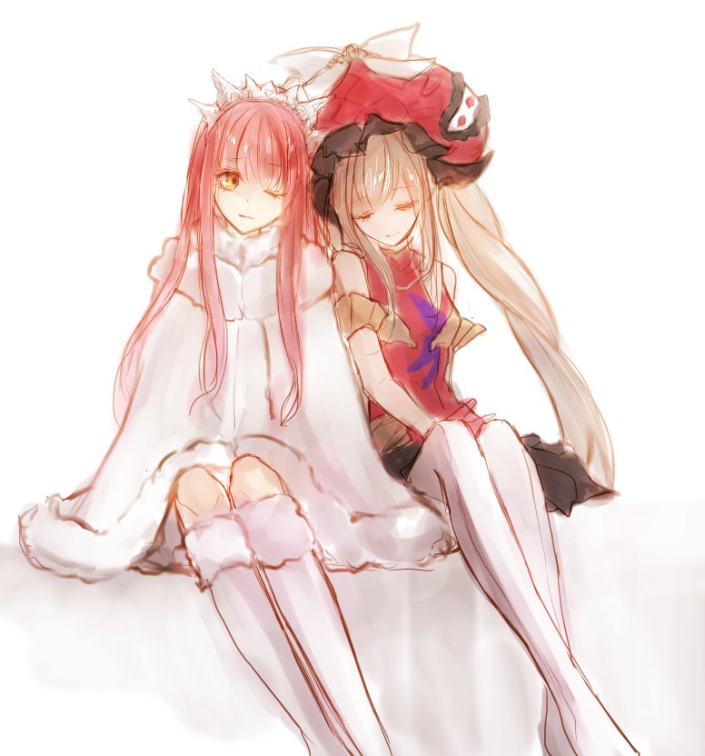 2girls bare_shoulders byuura_(sonofelice) closed_eyes fate/grand_order fate_(series) fur_coat hat large_hat long_hair marie_antoinette_(fate/grand_order) medb_(fate)_(all) medb_(fate/grand_order) multiple_girls one_eye_closed pantyhose pink_hair red_hat side-by-side silver_hair sitting sleeping sleeveless smile thigh-highs tiara twintails very_long_hair white_background white_legwear yellow_eyes yuri