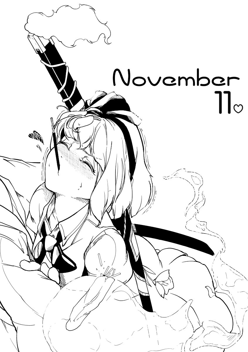 bangs bob_cut bow bowtie closed_eyes collared_shirt commentary_request food greyscale hair_ribbon hairband heart highres hiyuu_(flying_bear) katana konpaku_youmu konpaku_youmu_(ghost) monochrome pocky pocky_day pocky_kiss puffy_short_sleeves puffy_sleeves ribbon saigyouji_yuyuko shared_food sheath shirt short_sleeves sword touhou vest wakizashi weapon