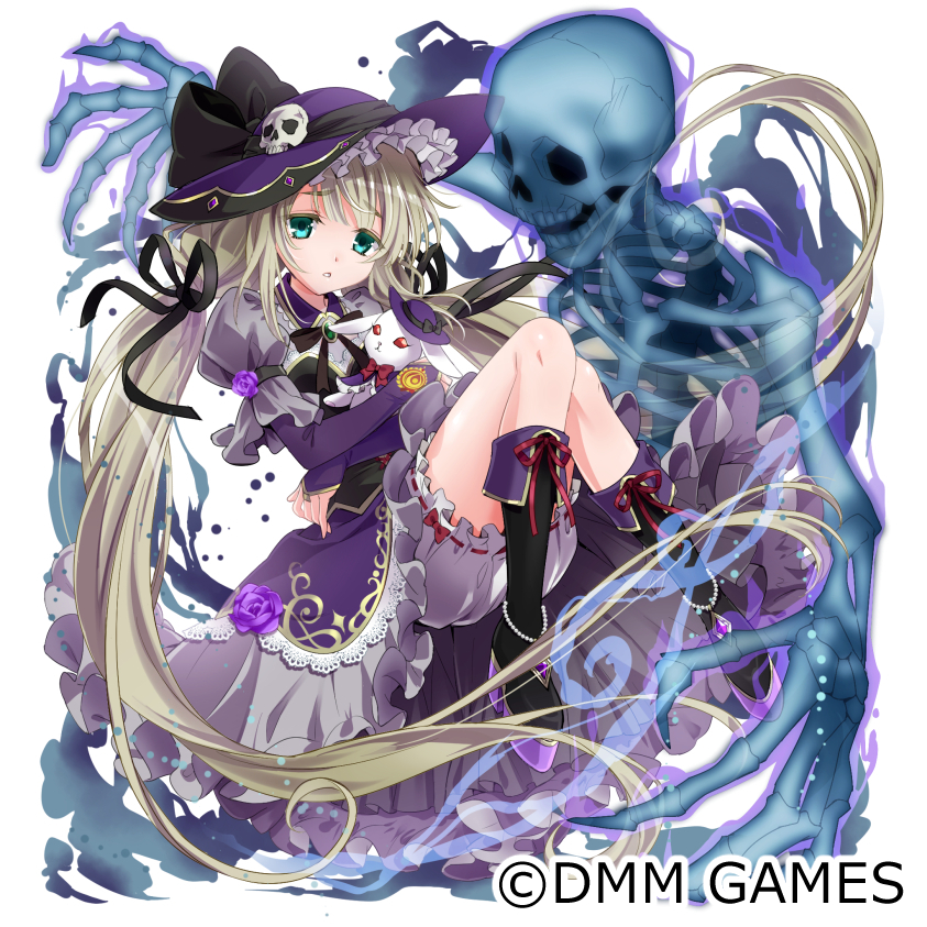 1girl absurdly_long_hair animal black_footwear dress flower full_body green_eyes hat hijiri_creator_onna_gakuen holding holding_animal knees_up long_hair long_sleeves parted_lips platform_footwear purple_dress purple_flower purple_hat rabbit red_eyes sitting skeleton skull_hat_ornament solo twintails very_long_hair white_background