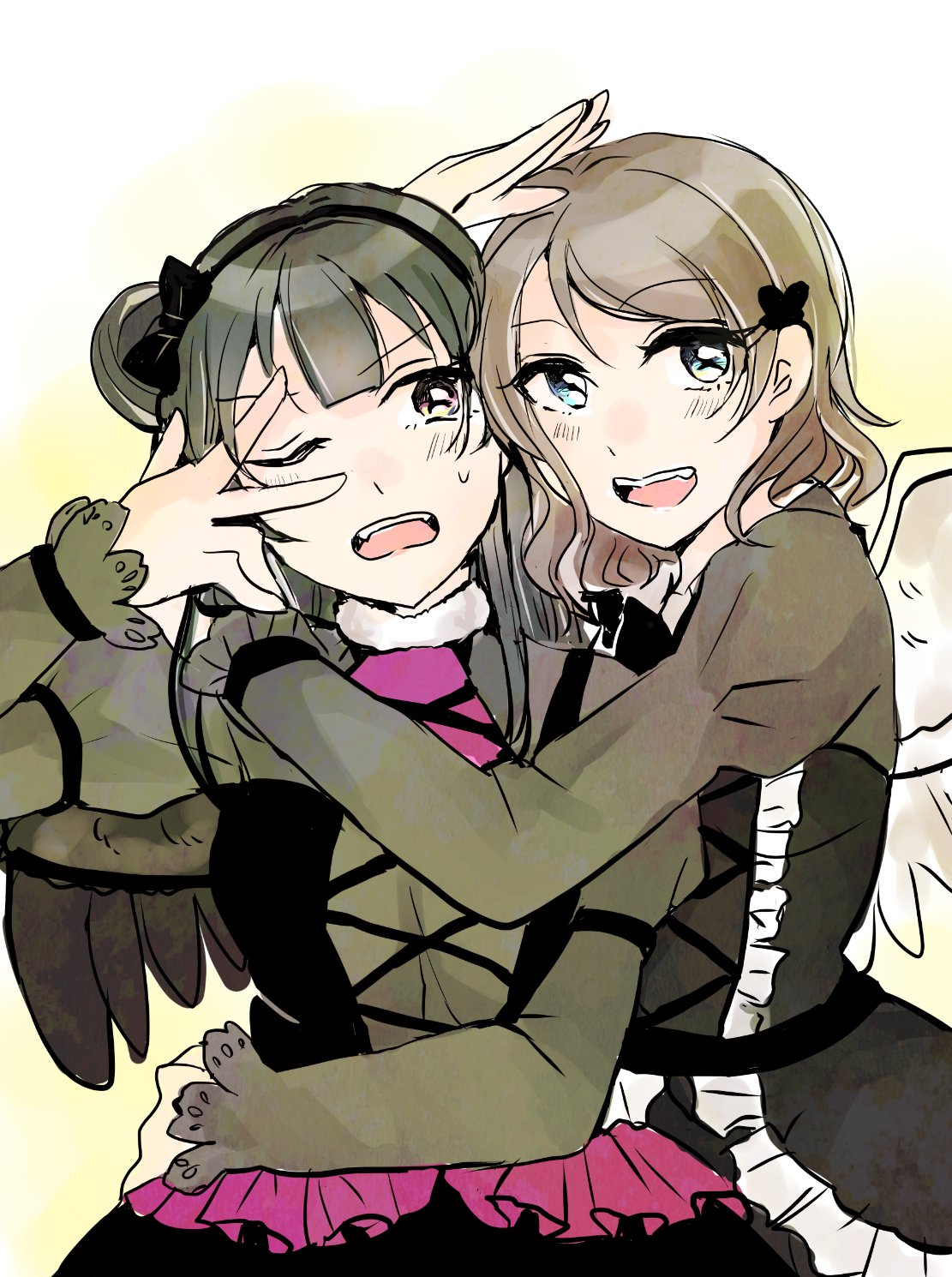 2girls alice-yuki alternate_eye_color aqua_eyes bangs black_bow black_hair black_wings blush bow brown_eyes brown_hair commentary hair_bun highres juliet_sleeves long_sleeves looking_at_viewer love_live! love_live!_sunshine!! multiple_girls puffy_sleeves sketch sleeves_past_wrists sweat tsushima_yoshiko upper_body watanabe_you white_wings wings yuri