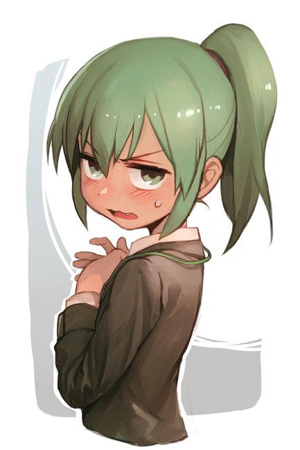 blush coat fang green_eyes green_hair hairband hankuri igarashi_futaba_(shiromanta) lanyard looking_at_viewer medium_hair office_lady overcoat ponytail senpai_ga_uzai_kouhai_no_hanashi sweatdrop