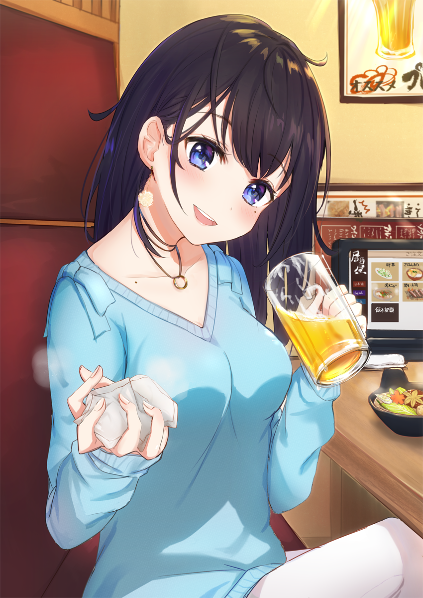 1girl :d alcohol beer beer_mug black_hair blue_eyes blue_sweater blush breasts collarbone commentary_request cup fingernails food head_tilt highres holding holding_cup indoors long_hair long_sleeves medium_breasts omelet_tomato open_mouth original pants round_teeth sitting sleeves_past_wrists smile solo sweater table teeth transparent upper_teeth white_pants