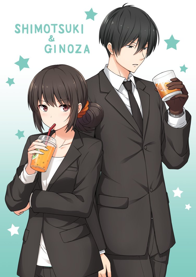 1boy 1girl alcohol black_hair brown_eyes business_suit character_name cup drinking drinking_straw folded_ponytail formal ginoza_nobuchika hair_ornament hair_scrunchie holding holding_cup nakamura_sumikage necktie psycho-pass scrunchie shimotsuki_mika short_hair suit whiskey