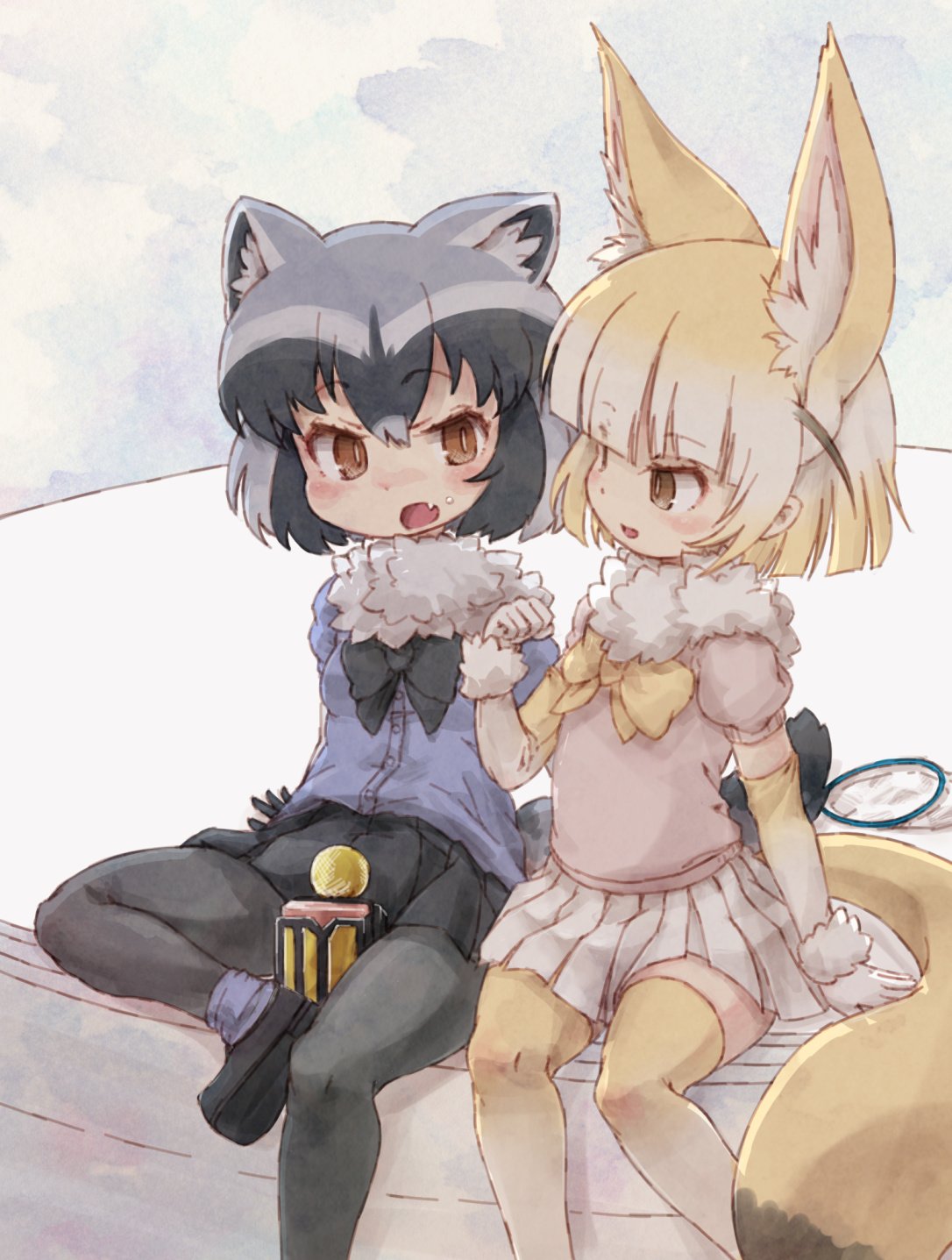 2girls animal_ears blonde_hair bow bowtie commentary_request common_raccoon_(kemono_friends) elbow_gloves eyebrows_visible_through_hair fang fennec_(kemono_friends) fox_ears fox_tail fur_collar fur_trim gloves grey_hair highres kemono_friends kolshica multicolored_hair multiple_girls open_mouth pantyhose pleated_skirt puffy_short_sleeves puffy_sleeves raccoon_ears raccoon_tail short_hair short_sleeves sitting skirt tail thigh-highs white_hair zettai_ryouiki