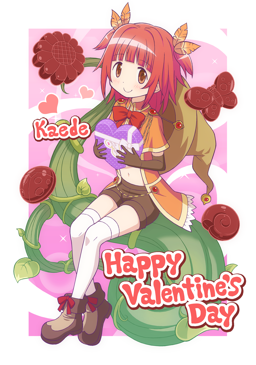 1girl akino_kaede bangs blunt_bangs box brown_eyes brown_footwear brown_gloves brown_shorts character_name elbow_gloves english_text eyebrows_visible_through_hair full_body gecchu gift gift_box gloves hair_ornament hat heart heart-shaped_box highres holding holding_gift leaf_hair_ornament looking_at_viewer magia_record:_mahou_shoujo_madoka_magica_gaiden magical_girl mahou_shoujo_madoka_magica midriff navel orange_capelet redhead shorts sitting smile solo thigh-highs valentine white_legwear witch_hat