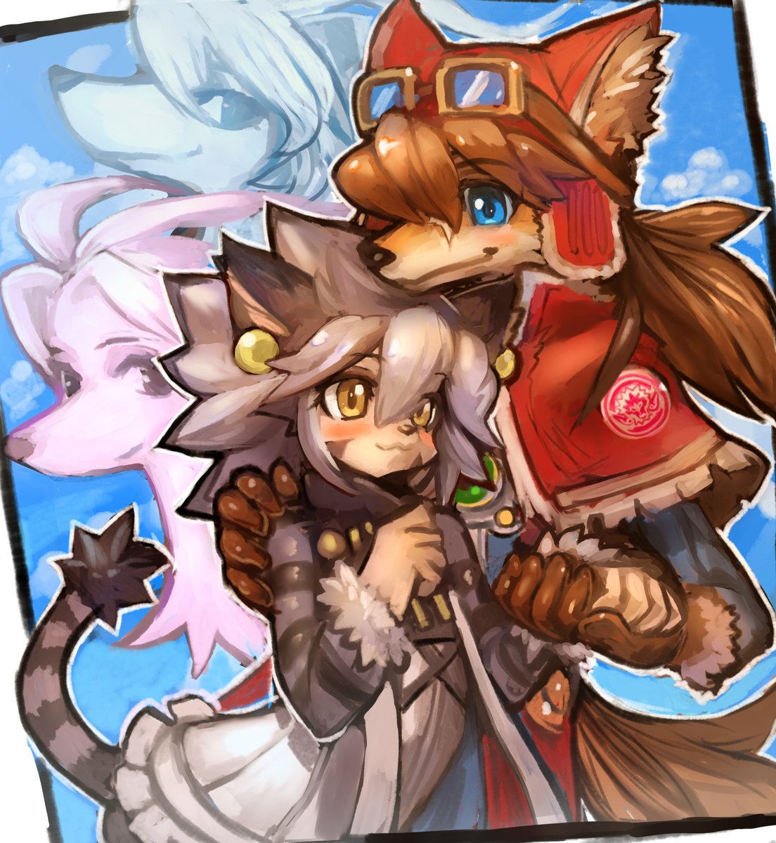 1boy 1girl animal_ears arm_around_shoulder bangs blanc_(solatorobo) blue_eyes blush border brown_gloves capelet cat_ears cat_girl cat_tail clouds dakusuta dog_ears earrings elh_melizee eyebrows_visible_through_hair facial_mark fur_trim furry gloves goggles goggles_on_head hair_between_eyes hand_on_another's_shoulder height_difference highres holding_hand jewelry long_hair nero_(solatorbo) outside_border red_capelet red_savarin short_hair smile solatorobo tail yellow_eyes