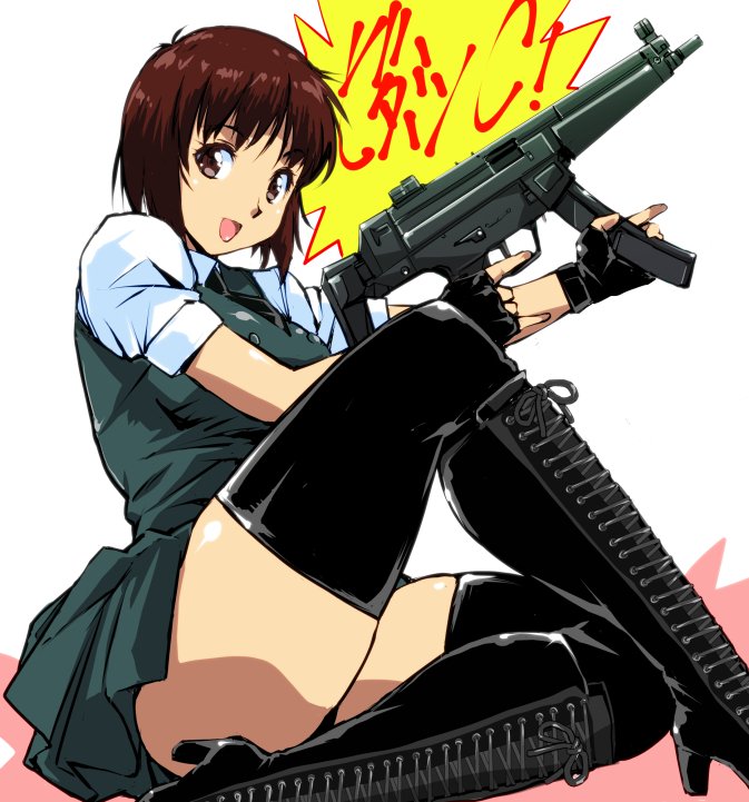 1girl bangs black_footwear black_legwear black_neckwear black_panties boots brown_eyes brown_hair commentary_request cross-laced_footwear double-breasted eyebrows_visible_through_hair grey_skirt grey_vest gun holding holding_gun holding_weapon knee_up necktie open_mouth original panties pleated_skirt puffy_sleeves school_uniform shirt short_hair short_sleeves sitting skirt solo underwear uniform vest weapon white_shirt yuya