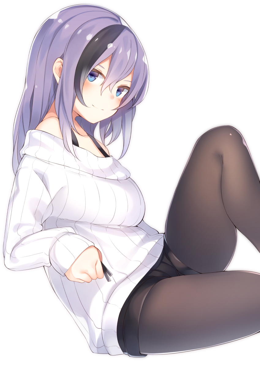 1girl black_hair black_legwear black_shorts blue_eyes commentary_request hair_between_eyes highres kinukawa_chinatsu knee_up long_hair long_sleeves looking_at_viewer multicolored_hair original pantyhose pantyhose_under_shorts purple_hair ribbed_sweater short_shorts shorts simple_background sleeves_past_wrists smile solo streaked_hair sweater tsunekichi two-tone_hair white_background white_sweater