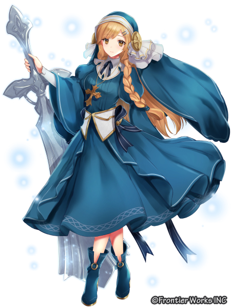 1girl blonde_hair blue_footwear blue_skirt boots braid company_name cross cross_necklace fantasy full_body hair_ornament hairclip holding holding_sword holding_weapon jewelry long_hair necklace nun official_art sanzenkai_no_avatar sirokurodai skirt solo sword very_long_hair weapon white_background