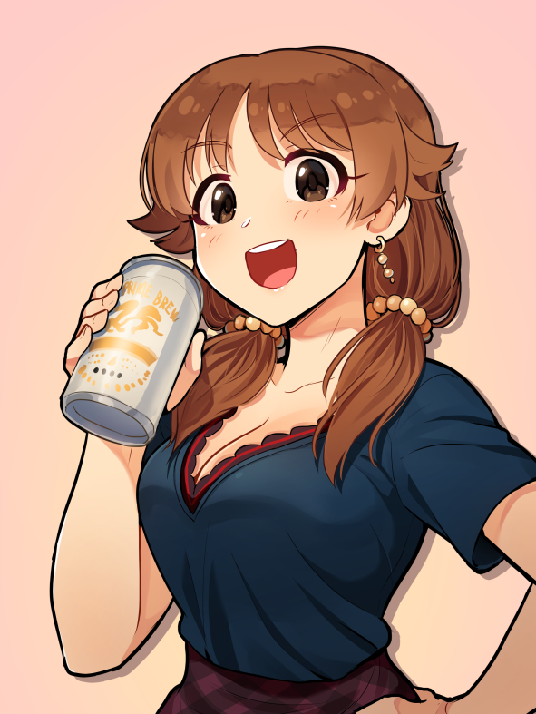 1girl beer_can blush breasts brown_background brown_eyes brown_hair can cleavage collarbone earrings eyebrows_visible_through_hair hand_on_hip idolmaster idolmaster_cinderella_girls jewelry kamille_(vcx68) katagiri_sanae large_breasts looking_at_viewer low_twintails medium_hair open_mouth short_sleeves short_twintails smile solo teeth twintails upper_body