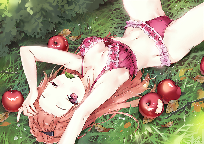 1girl ;) apple armpits arms_up bare_arms bare_shoulders bow bow_bra bra breasts brown_hair closed_mouth collarbone commentary_request day food fruit grass leaf long_hair looking_at_viewer lying macciatto_(aciel02) mouth_hold navel on_back on_grass one_eye_closed original outdoors panties red_apple red_bra red_eyes red_panties small_breasts smile solo spread_legs underwear underwear_only very_long_hair