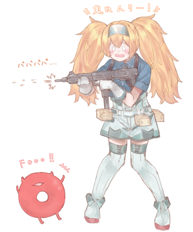 1girl az_toride blonde_hair blue_eyes blue_shirt box breast_pocket breasts collared_shirt enemy_lifebuoy_(kantai_collection) firing full_body gambier_bay_(kantai_collection) gloves gun hairband imi_uzi kantai_collection large_breasts open_mouth pocket rifle shirt shorts submachine_gun thigh-highs translation_request twintails weapon white_background white_legwear