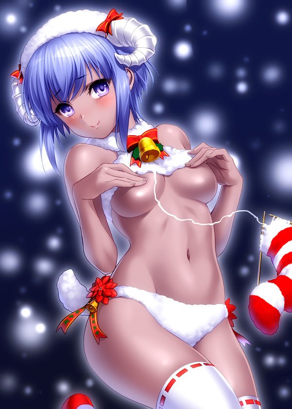 1girl bare_shoulders blush breasts christmas_stocking commentary dark_skin fate/grand_order fate/prototype fate/prototype:_fragments_of_blue_and_silver fate_(series) hassan_of_serenity_(fate) hat horns knitting_needle looking_at_viewer medium_breasts midriff navel needle purple_hair santa_hat short_hair smile string thigh-highs thighs under_boob violet_eyes zen