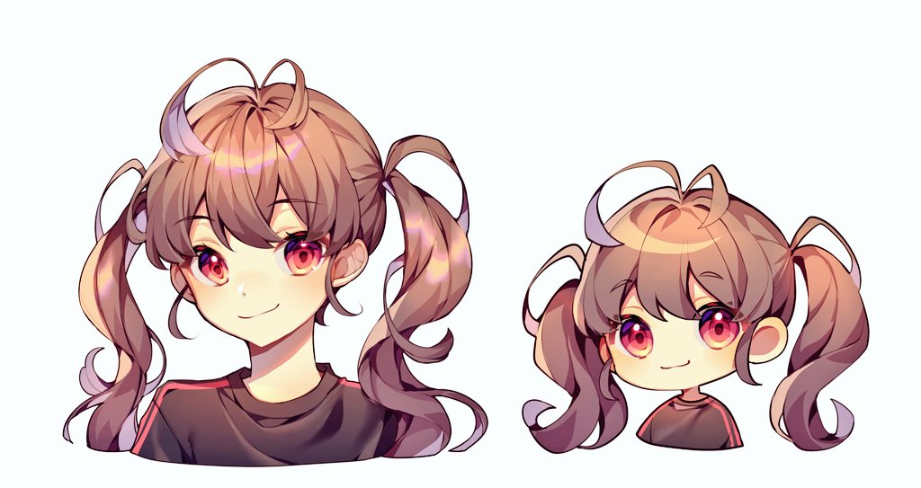 1girl antenna_hair black_shirt blush brown_hair chibi closed_mouth comparison eyebrows_visible_through_hair ha_youn looking_at_viewer original red_eyes shirt simple_background smile twintails upper_body white_background