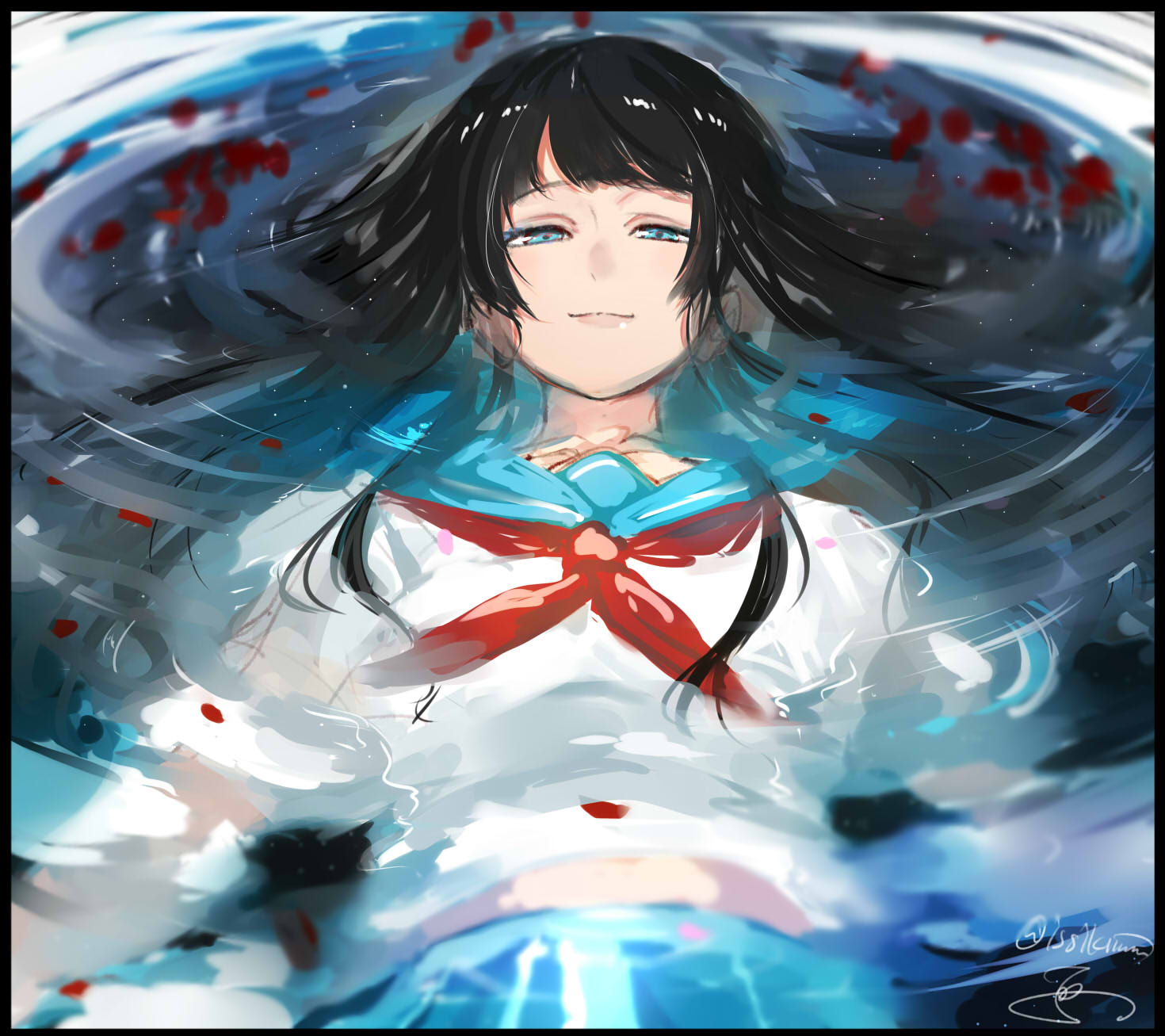1girl bangs black_hair blue_eyes blue_sailor_collar blue_skirt closed_mouth commentary_request highres isshiki_(ffmania7) long_hair looking_at_viewer neckerchief original partially_submerged pleated_skirt red_neckwear ribbon ripples sailor_collar school_uniform serafuku short_sleeves skirt smile submerged water wet wet_clothes