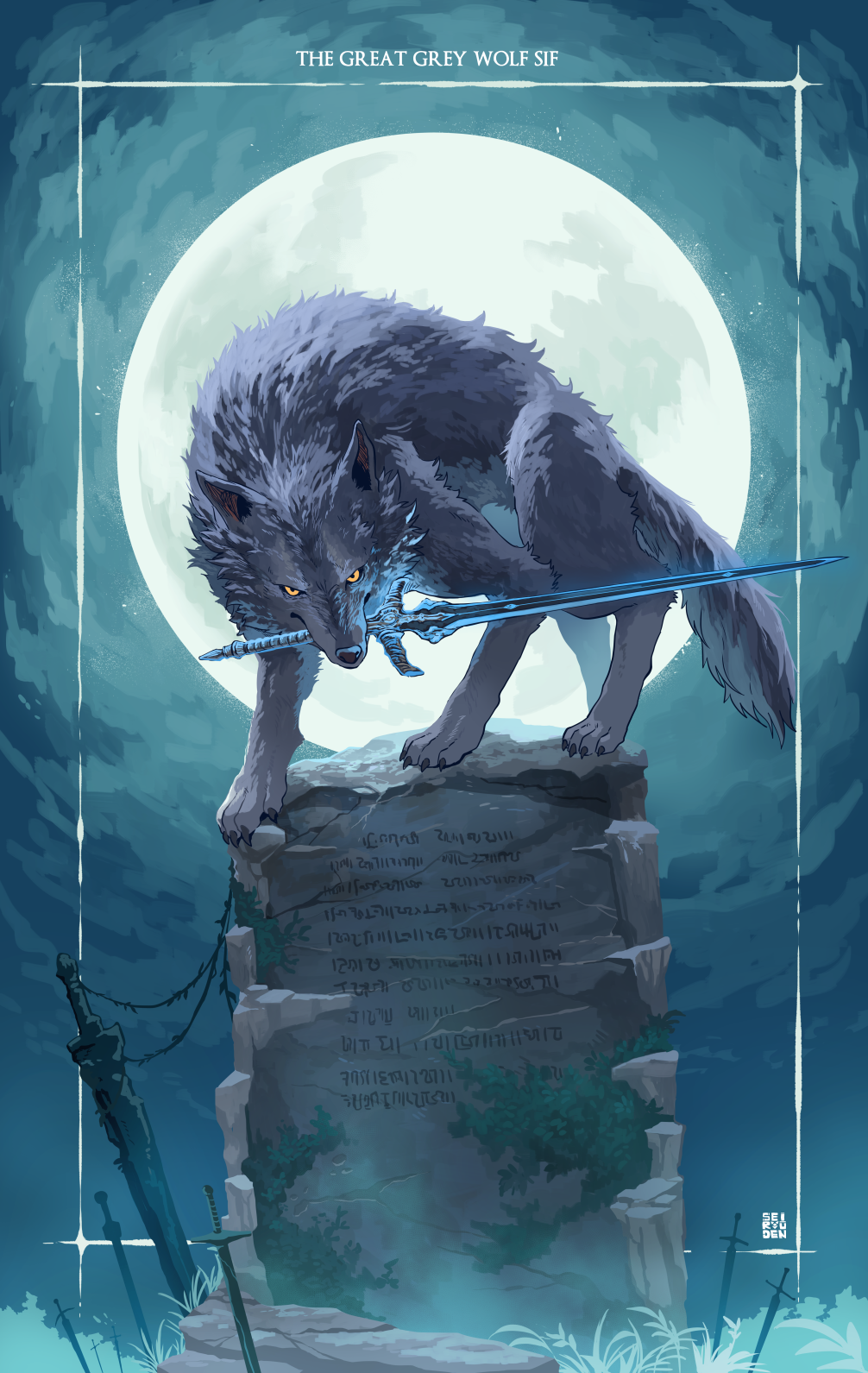 animal artist_name character_name claws dark_souls glowing glowing_weapon grass grave great_grey_wolf_sif greatsword highres looking_at_viewer moon mouth_hold no_humans oversized_animal paws plant planted_weapon sei_(seiryuuden) serious souls_(from_software) sword tail vines weapon wolf yellow_eyes