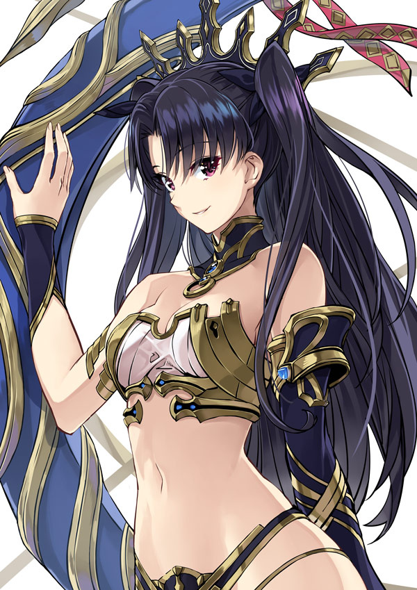 1girl arm_up asymmetrical_sleeves bangs bare_shoulders black_hair black_ribbon black_sleeves blush breasts commentary_request crop_top eyebrows_visible_through_hair fate/grand_order fate_(series) fingernails hair_between_eyes hair_ribbon highleg ishtar_(fate/grand_order) long_hair looking_at_viewer navel parted_bangs parted_lips red_eyes ribbon single_sleeve small_breasts smile solo tiara two_side_up very_long_hair yahako