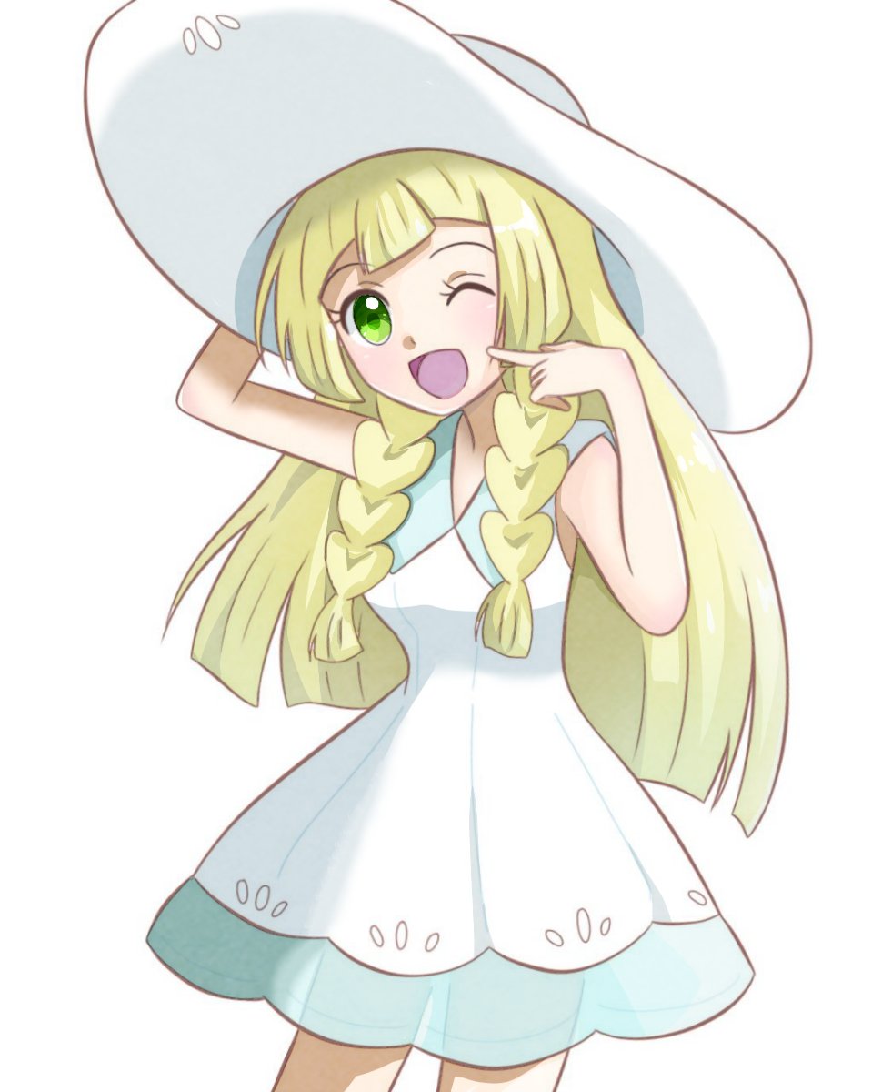 1girl blonde_hair creatures_(company) dress female game_freak green_eyes hat highres lillie_(pokemon) nintendo pokemon pokemon_(game) pokemon_sm solo white_dress white_hat