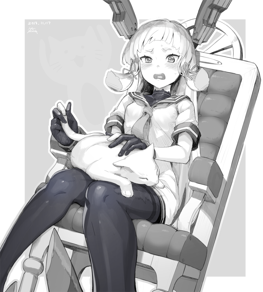 1girl animal bangs blunt_bangs blush cat chair dated dress dutch_angle embarrassed gloves greyscale hair_ribbon headgear kantai_collection long_hair looking_at_viewer monochrome murakumo_(kantai_collection) open_mouth pantyhose petting ribbon sailor_collar sailor_dress school_uniform serafuku short_eyebrows short_hair_with_long_locks sidelocks signature sitting solo thick_eyebrows thighband_pantyhose tonami_kanji tress_ribbon uneven_eyes