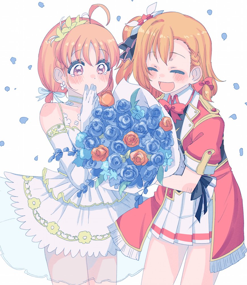 2girls bokura_no_live_kimi_to_no_life bouquet covering_mouth cream_(nipakupa) dress flower hand_over_own_mouth inami_anju kousaka_honoka love_live! love_live!_school_idol_project love_live!_sunshine!! multiple_girls nitta_emi seiyuu_connection smile takami_chika thank_you_friends!!