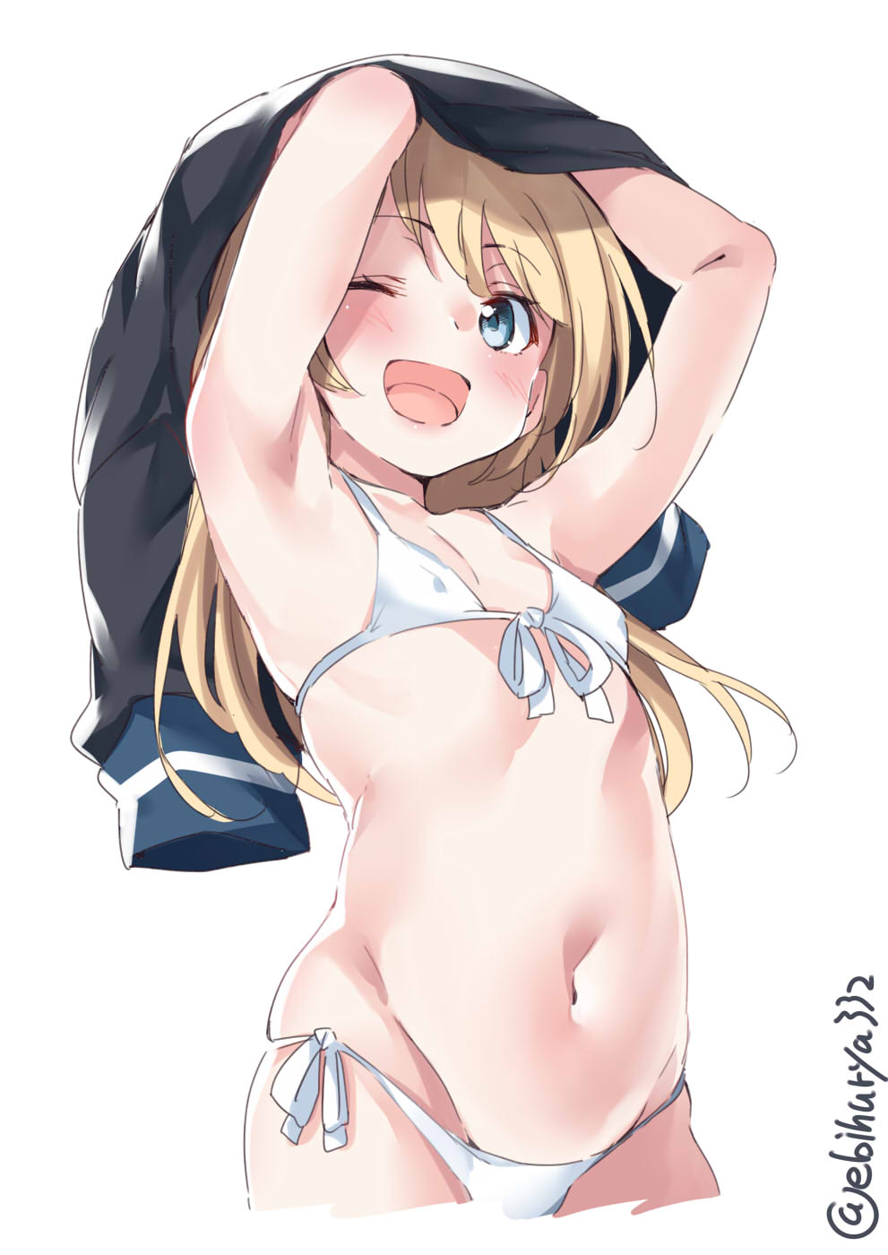 1girl alternate_costume armpits arms_up bare_shoulders bikini blonde_hair blue_eyes breasts commentary_request cowboy_shot ebifurya eyebrows_visible_through_hair front-tie_top highleg highleg_bikini highres jervis_(kantai_collection) kantai_collection long_hair looking_at_viewer navel one_eye_closed open_mouth shiny shiny_skin side-tie_bikini simple_background small_breasts solo standing stomach swimsuit twitter_username white_background white_bikini