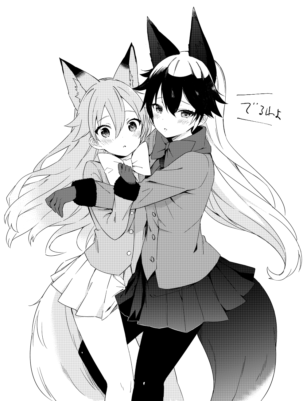 2girls animal_ear_fluff animal_ears between_legs blazer blush bow dot_nose extra_ears ezo_red_fox_(kemono_friends) floating_hair fox_ears fox_girl fox_tail fur-trimmed_sleeves fur_trim furrowed_eyebrows gloves gradient_hair greyscale hair_between_eyes hand_up highres hug jacket katagishi kemono_friends long_hair long_sleeves looking_at_viewer monochrome multicolored_hair multiple_girls pantyhose parted_lips pleated_skirt scarf silver_fox_(kemono_friends) simple_background skirt tail translation_request tsurime very_long_hair