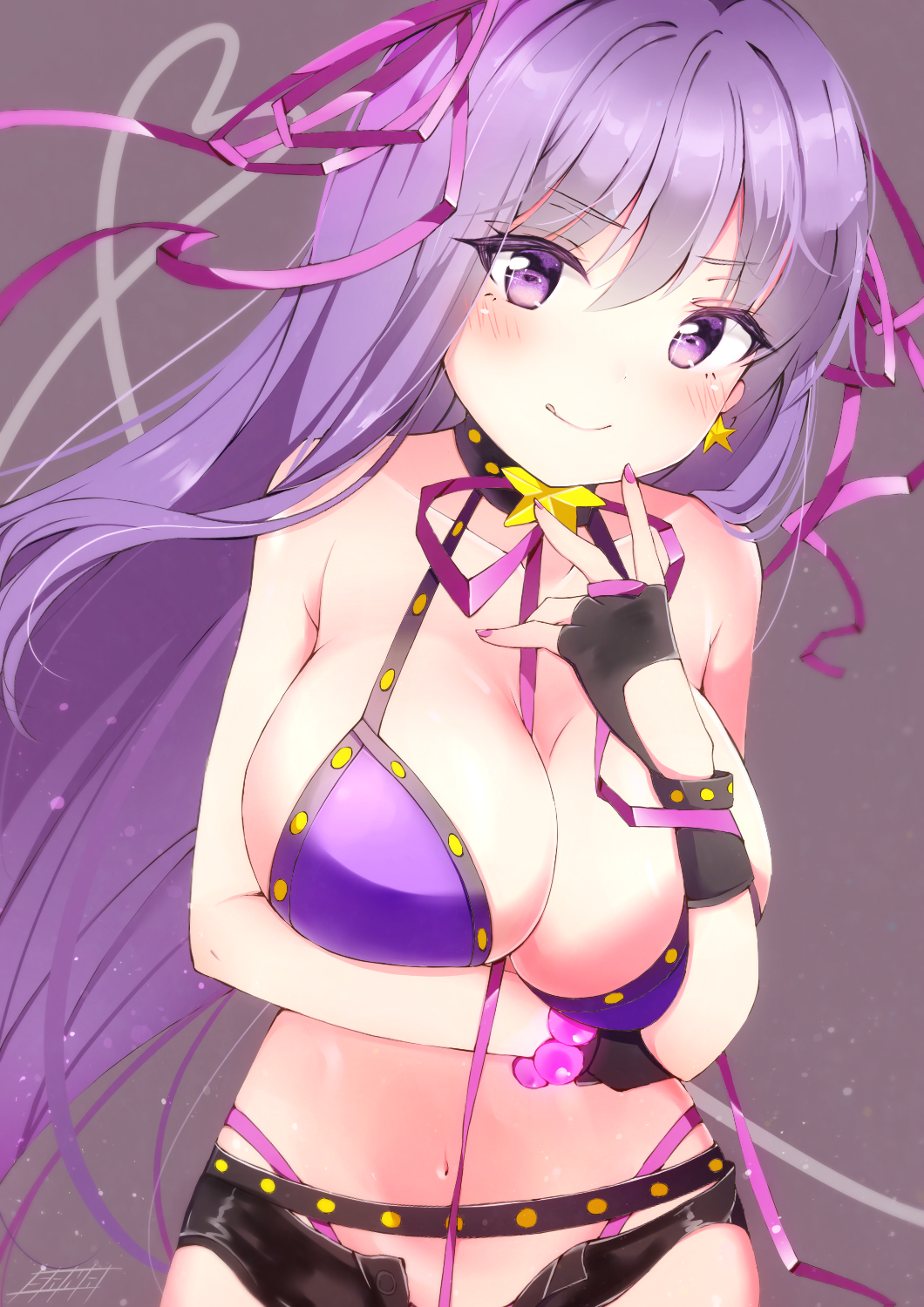 1girl :q artist_name bangs bare_arms bare_shoulders bb_(fate)_(all) bb_(swimsuit_mooncancer)_(fate) bead_bracelet beads belt bikini black_gloves black_shorts blush bracelet breast_hold breasts cleavage closed_mouth collar commentary_request cowboy_shot earrings eyebrows_visible_through_hair fate/grand_order fate_(series) fingerless_gloves gloves hair_ribbon halterneck highleg highleg_bikini highres jewelry large_breasts long_hair looking_at_viewer mismatched_gloves navel neck_ribbon open_fly purple_bikini purple_hair purple_neckwear purple_ribbon ribbon sana_hamada short_shorts shorts simple_background smile solo star star_earrings swimsuit tongue tongue_out very_long_hair violet_eyes