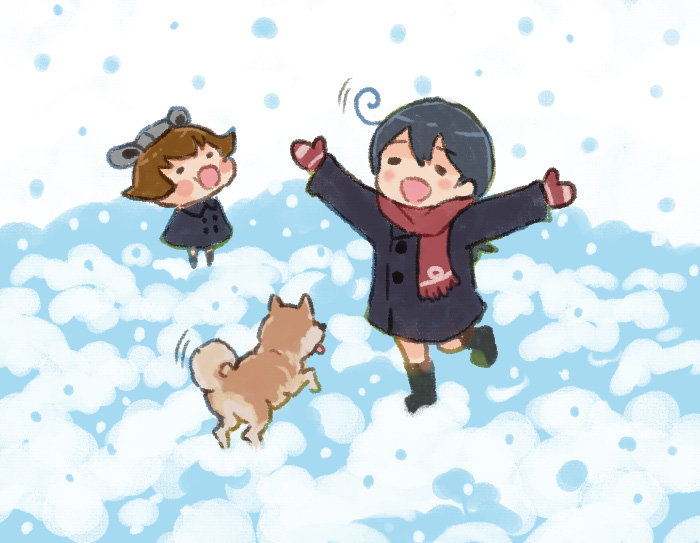 2girls ahoge arms_up black_hair blush_stickers boots brown_hair closed_eyes coat dog full_body headgear kantai_collection long_hair long_sleeves mittens multiple_girls open_mouth otoufu scarf short_hair smile snow snowing standing ushio_(kantai_collection) winter_clothes winter_coat yukikaze_(kantai_collection)