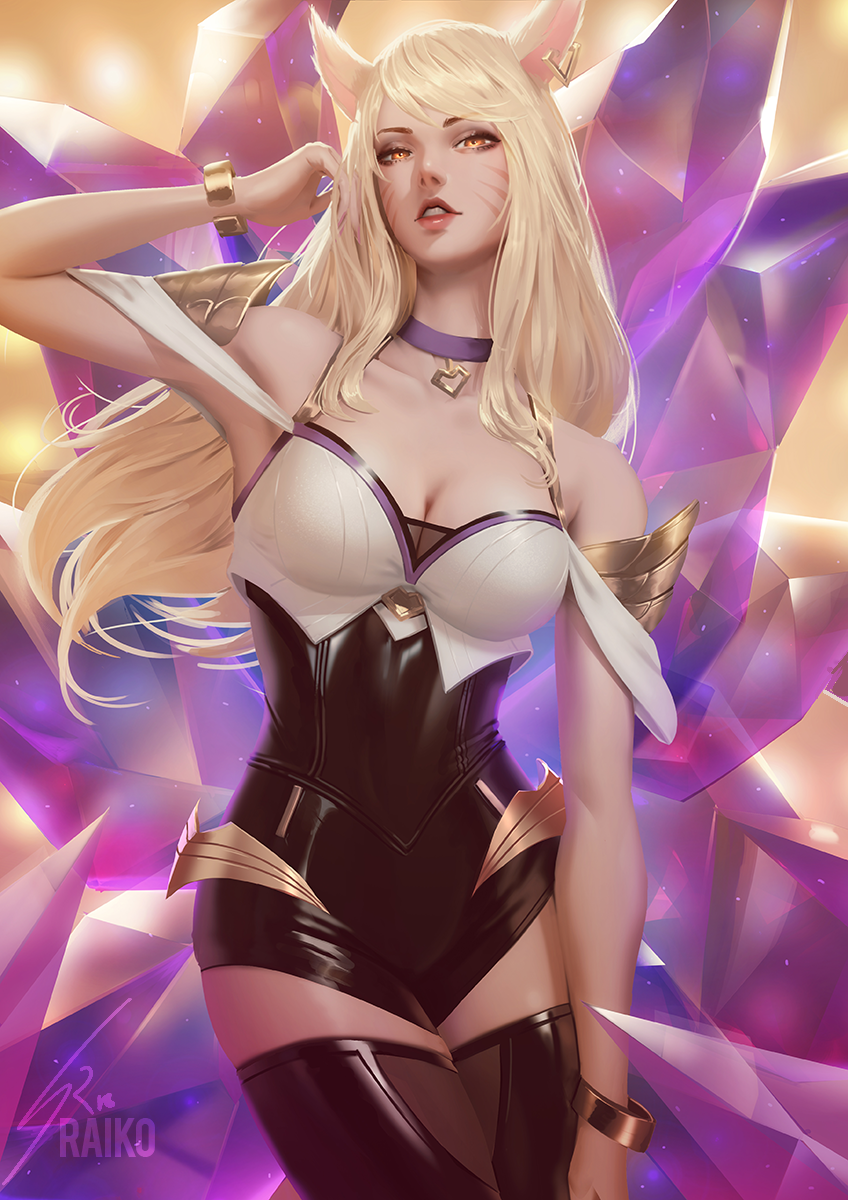 1girl ahri animal_ears artist_name bare_shoulders black_legwear blonde_hair bracelet breasts choker cleavage fox_ears fox_tail heart heart_choker highres idol jewelry k/da_(league_of_legends) k/da_ahri large_breasts league_of_legends leotard long_hair looking_at_viewer multiple_tails off_shoulder parted_lips raikoart revision signature single_earring solo tail thigh-highs whisker_markings yellow_eyes