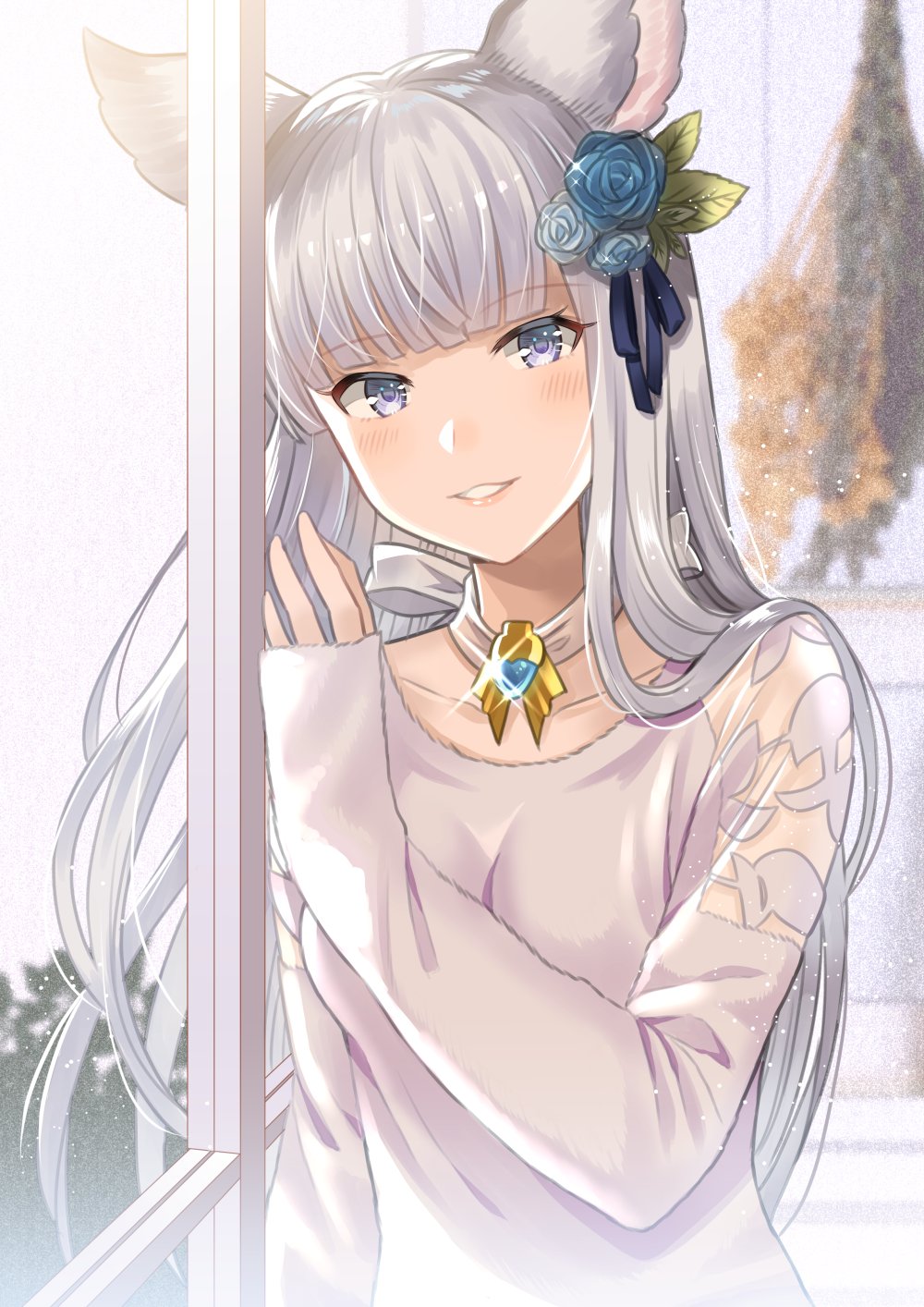 1girl animal_ears bangs blue_eyes blue_flower blue_rose blunt_bangs eyebrows_visible_through_hair flower granblue_fantasy hair_flower hair_ornament hair_ribbon highres korwa long_hair looking_at_viewer myusha parted_lips ribbon rose silver_hair sleeves_past_wrists smile solo sparkle sweater upper_body window