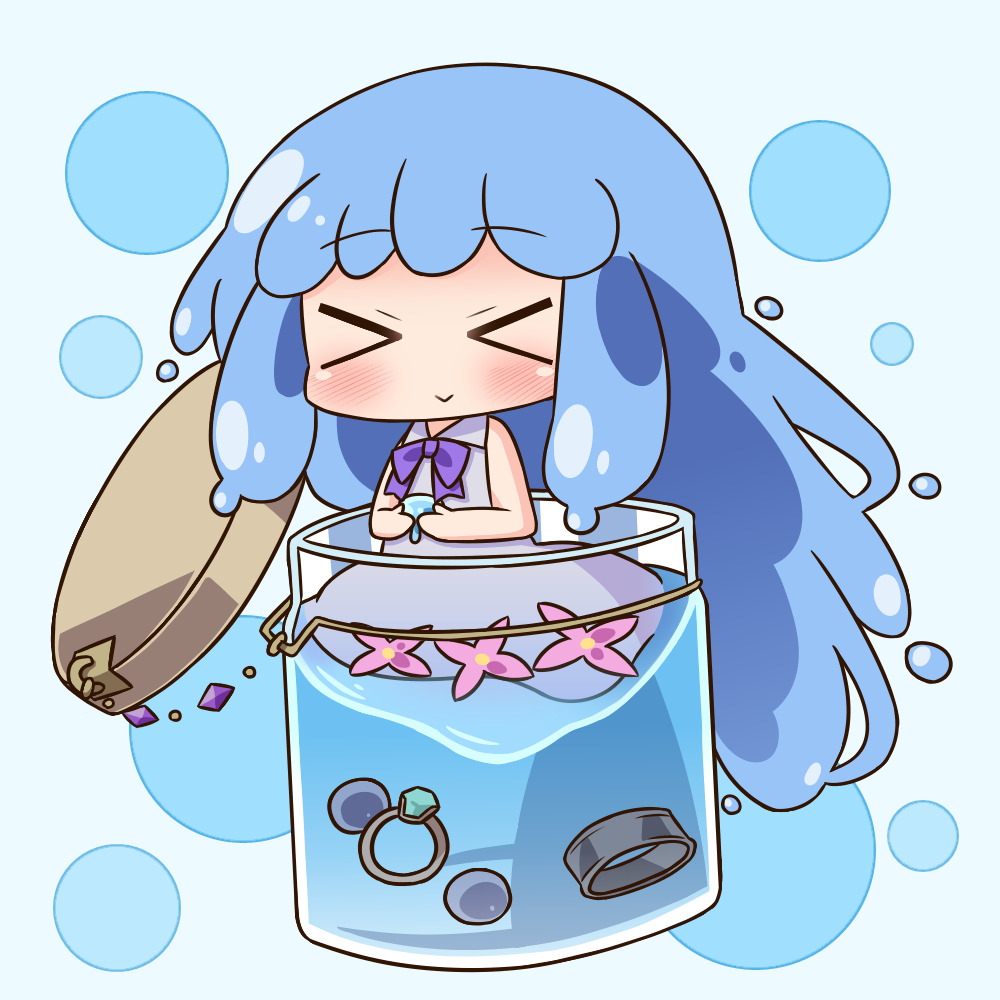 &gt;_&lt; 1girl :&gt; bangs bare_arms bare_shoulders blue_background blue_eyes blue_hair blush bow closed_eyes closed_mouth collared_dress dress eyebrows_visible_through_hair facing_viewer flower hana_kazari in_container jar jewelry long_hair looking_at_viewer merc_(merc_storia) merc_storia pink_flower purple_bow ring sleeveless sleeveless_dress solo very_long_hair water white_dress