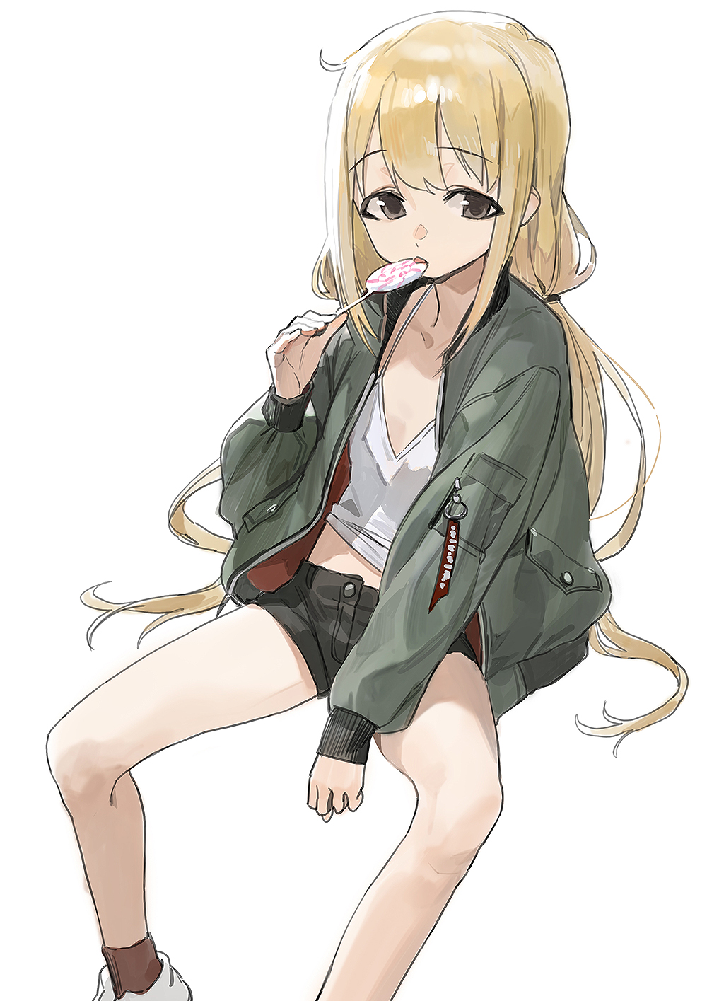 1girl between_legs blonde_hair bomber_jacket brown_eyes camisole candy commentary eyebrows_visible_through_hair flat_chest food futaba_anzu hand_between_legs highres idolmaster idolmaster_cinderella_girls jacket licking lollipop long_hair looking_at_viewer low_twintails mossi open_clothes open_jacket short_shorts shorts simple_background sitting sleeves_past_wrists solo swirl_lollipop tongue tongue_out twintails white_background
