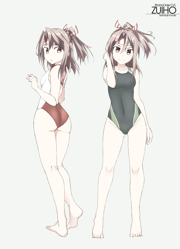 1girl ass barefoot black_swimsuit breasts brown_eyes character_name competition_swimsuit contrapposto from_behind full_body gluteal_fold grey_background hachimaki headband high_ponytail kantai_collection light_brown_hair long_hair looking_at_viewer looking_back multiple_views one-piece_swimsuit ponytail simple_background small_breasts souji standing swimsuit white_swimsuit zuihou_(kantai_collection)