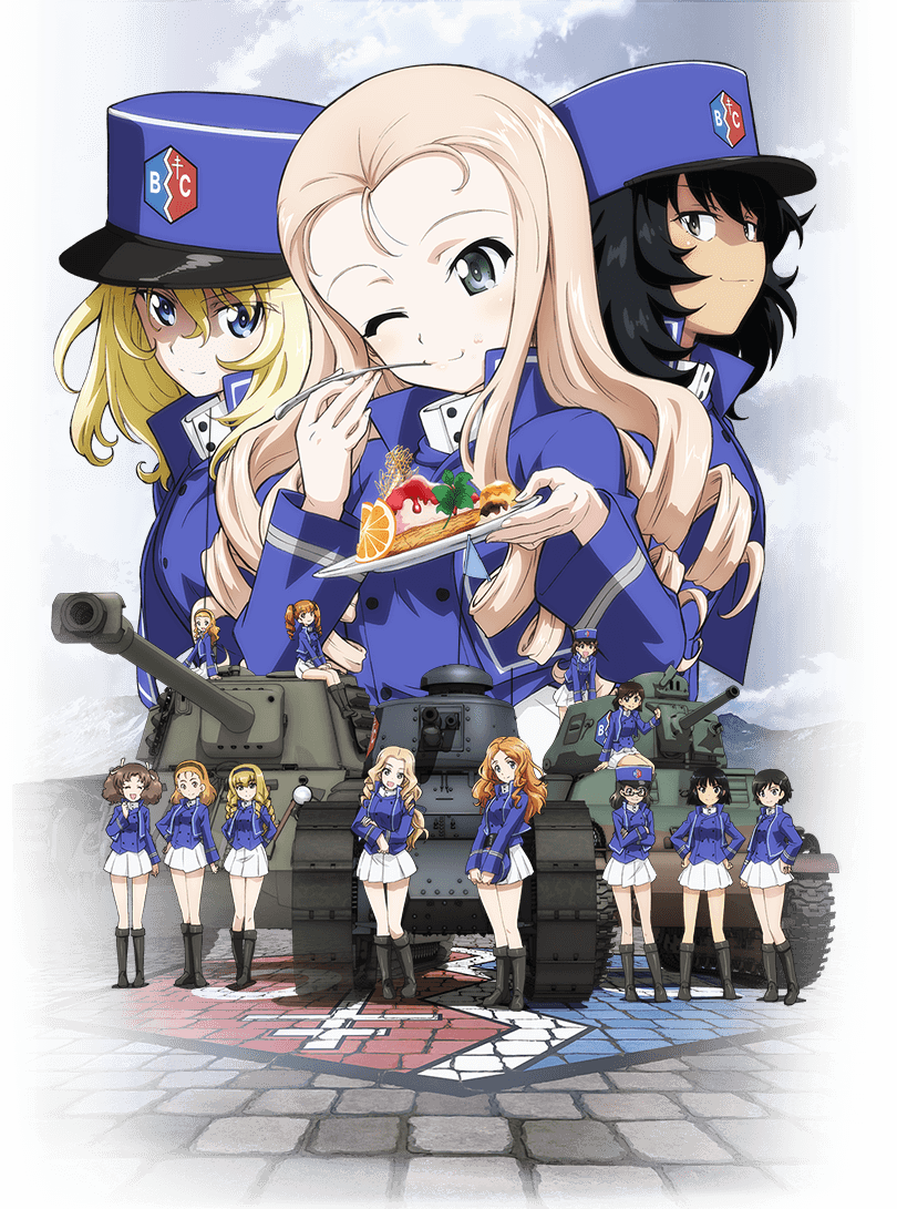 6+girls andou_(girls_und_panzer) arl-44 bc_freedom_(emblem) bc_freedom_military_uniform black_eyes black_hair blonde_hair blue_eyes braid breasts brick brick_road cake caterpillar_tracks clouds drill_hair eating emblem food ft-17 girls_und_panzer glasses ground_vehicle hat key_visual long_hair marie_(girls_und_panzer) military military_vehicle motor_vehicle multiple_girls official_art one_eye_closed orange_hair oshida_(girls_und_panzer) s35 short_hair skirt smile tank twin_drills twintails uniform