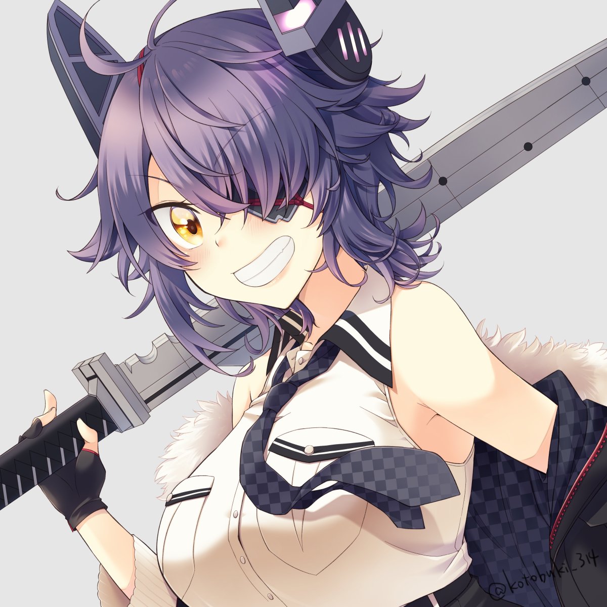 1girl antenna_hair artist_name black_gloves breast_pocket breasts brown_eyes checkered checkered_neckwear collarbone collared_shirt eyebrows_visible_through_hair eyepatch fur-trimmed_jacket fur_trim gloves grin hair_over_one_eye highres holding holding_sword holding_weapon jacket kantai_collection kotobuki_(momoko_factory) large_breasts necktie parted_lips partly_fingerless_gloves pocket purple_hair remodel_(kantai_collection) shirt short_hair smile solo sword teeth tenryuu_(kantai_collection) twitter_username upper_body weapon white_shirt