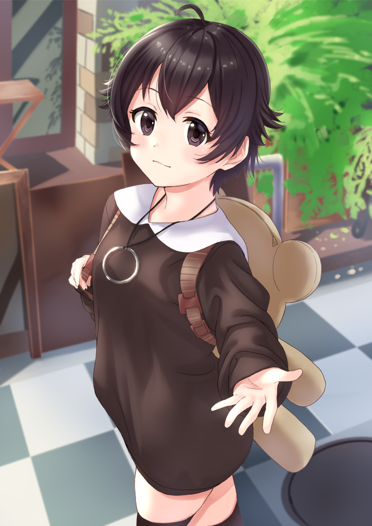 1girl ahoge animal_backpack backpack bag bangs blurry blurry_background breasts brown_eyes brown_hair brown_legwear brown_shirt checkered closed_mouth collared_shirt commentary_request depth_of_field eyebrows_visible_through_hair hair_between_eyes light_smile long_sleeves looking_at_viewer original outstretched_arm puffy_long_sleeves puffy_sleeves shirt sleeves_past_wrists small_breasts solo thigh-highs tsukiman