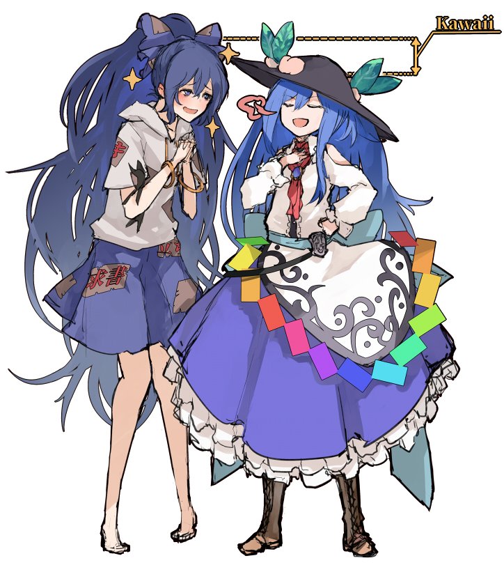 2girls barefoot black_hat blue_bow blue_hair blush boots bow brown_footwear closed_eyes commentary_request directional_arrow food fruit fujinohara_akihira full_body hair_between_eyes hair_bow hand_on_hip hat height_difference hinanawi_tenshi holding holding_stuffed_animal hood hoodie leaf long_hair long_skirt long_sleeves looking_at_another multiple_girls no_nose peach ponytail rainbow_order romaji short_sleeves skirt smile sparkle standing stuffed_animal stuffed_toy touhou very_long_hair white_background yorigami_shion