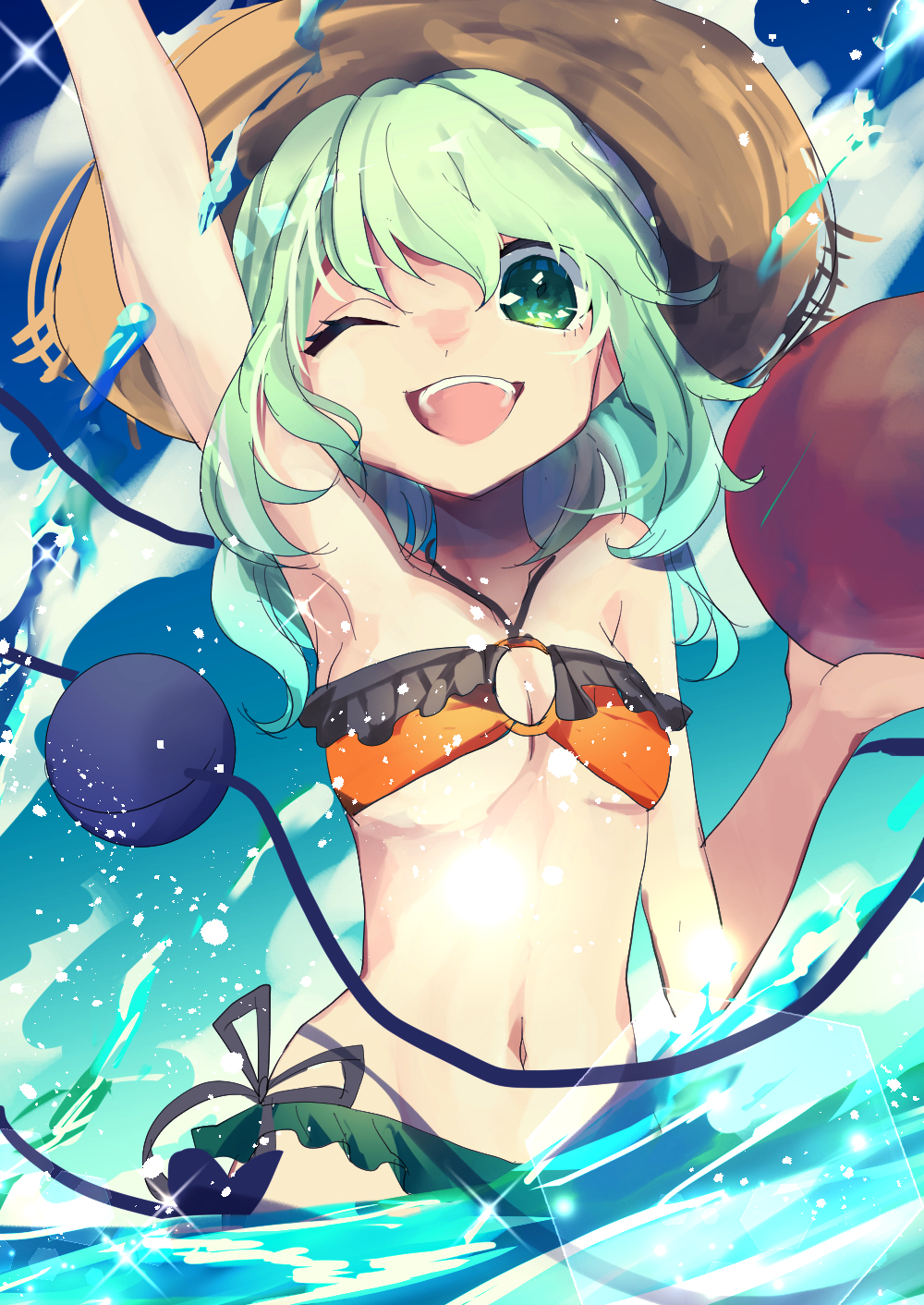 1girl ;d arm_up armpits bikini black_ribbon blue_sky breasts brown_hat cleavage collarbone day green_bikini_bottom green_eyes green_hair halterneck hat highres komeiji_koishi long_hair one_eye_closed open_mouth orange_bikini_top outdoors ribbon side-tie_bikini sky small_breasts smile solo straw_hat sun_hat swimsuit touhou tsukikusa under_boob upper_body wading water